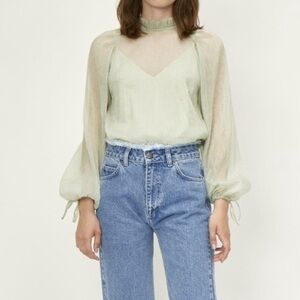 NWT JUST FEMALE Sanne Blouse semi sheer agate gray mint Medium Anthropologie